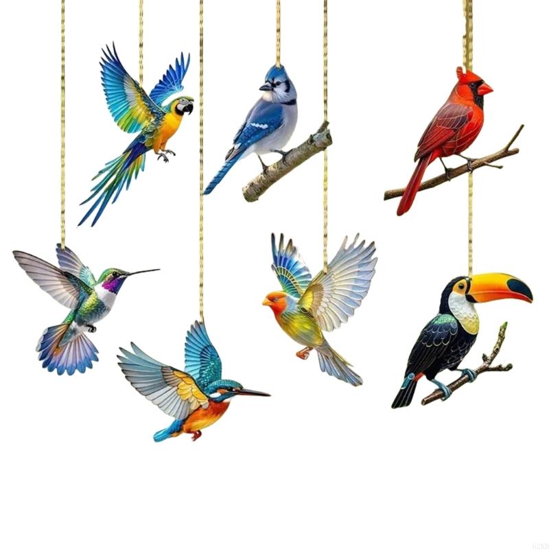 62KD Acrylic Bird Snowman Hanging Pendants Set Car Mirror Window Decoration Ornaments