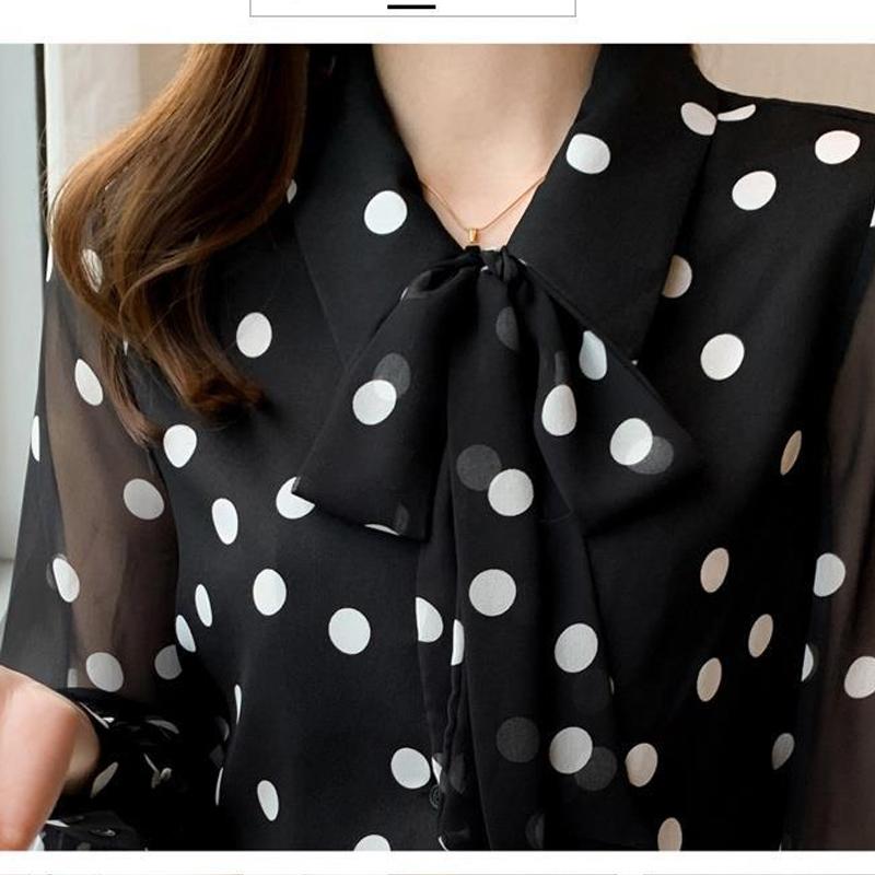 Spring Autumn Elegant Fashion Polka Dot Printing Shirt Ladies Long Sleeve Temperament Bow Blouse Women Casual Blouse