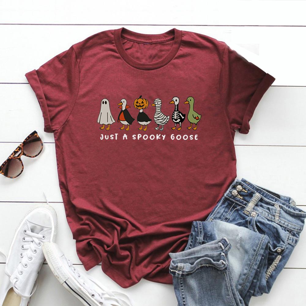 Just A Spooky Goose T-shirt Funny Halloween Goose T Shirt Women Short Sleeve Graphic Tees Spooky Season Tshirt Halloween Gift