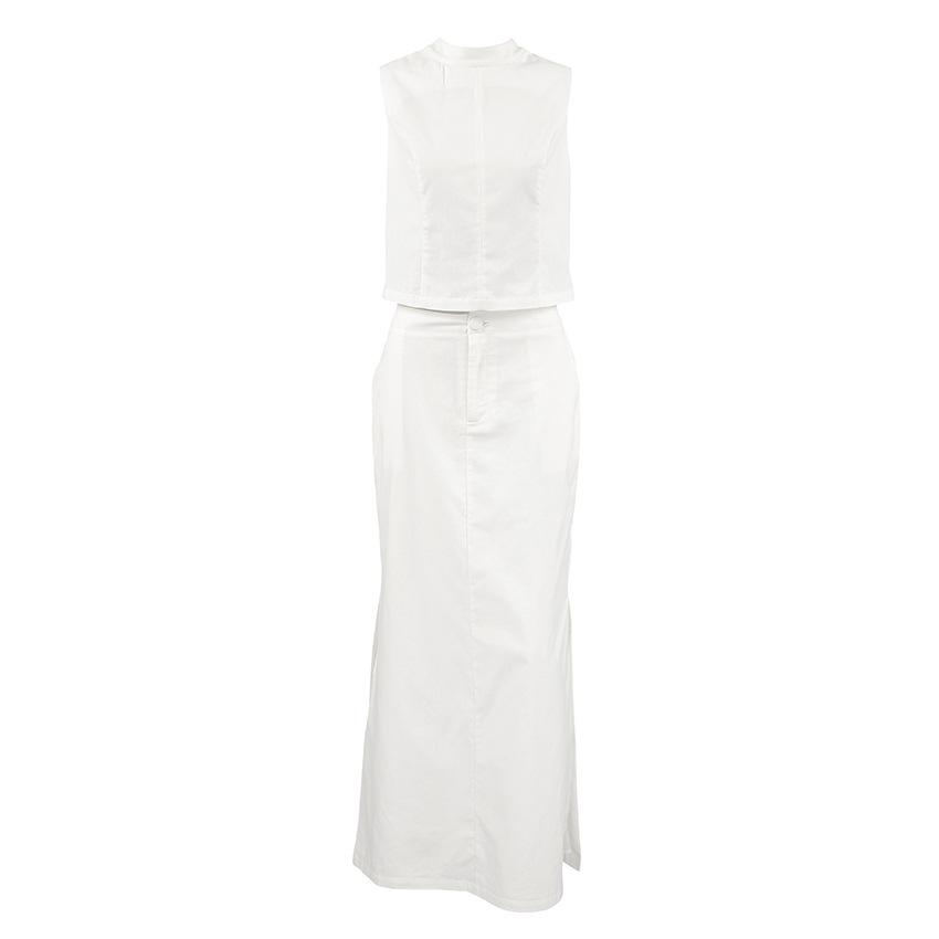 Spring and Summer New White Cotton and Linen Sleeveless Stand-up Collar Top Slit Loose Long Skirt Two-piece Set Simple Commuter Suit Women