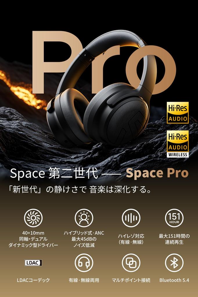 SOUNDPEATS Space Pro Wireless Compatible Active Noise Cancelling up to 40mm 10mm Dual Up to 151 Hours of and AUX Wired Summer Gold Award Headphones,