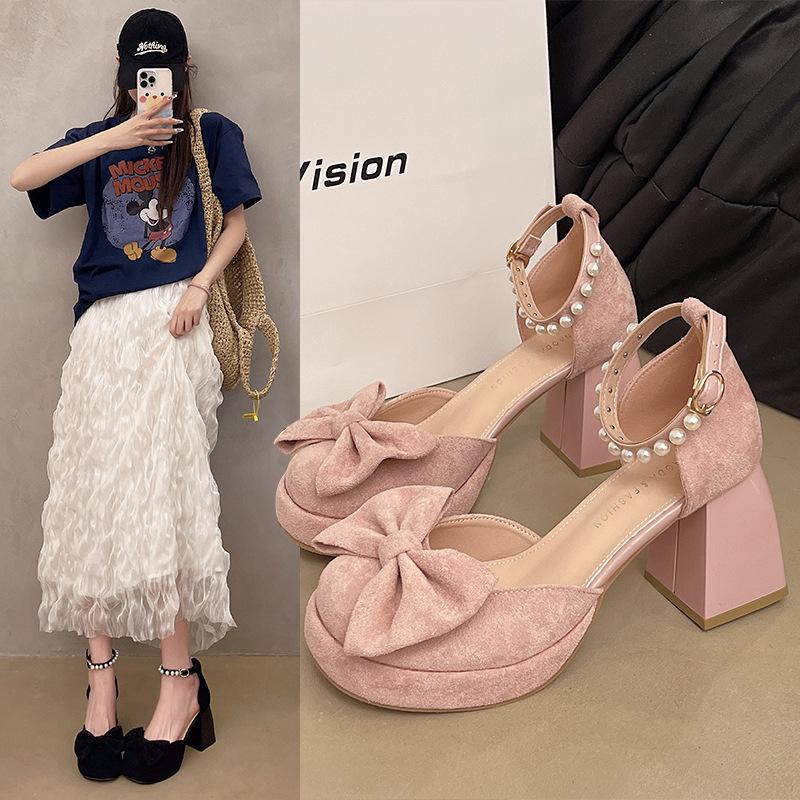 Französische Mary Jane High Heels Damen Dickabsatz Ein-Wort Schnalle Gürtel Sommer 2025 neu mit Rock Einzelne Schuhe Sandalen