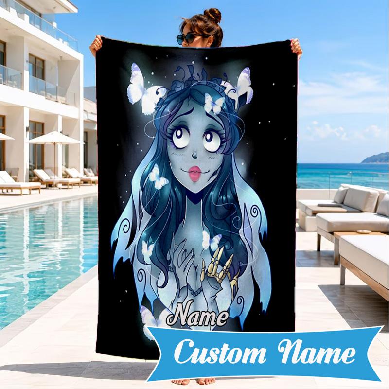 Custom Name Corpse Bride Art Heart In Space Adventure Microfiber Beach Towel, Lightweight for Summer Travel, Swimming Pool Fan Gift