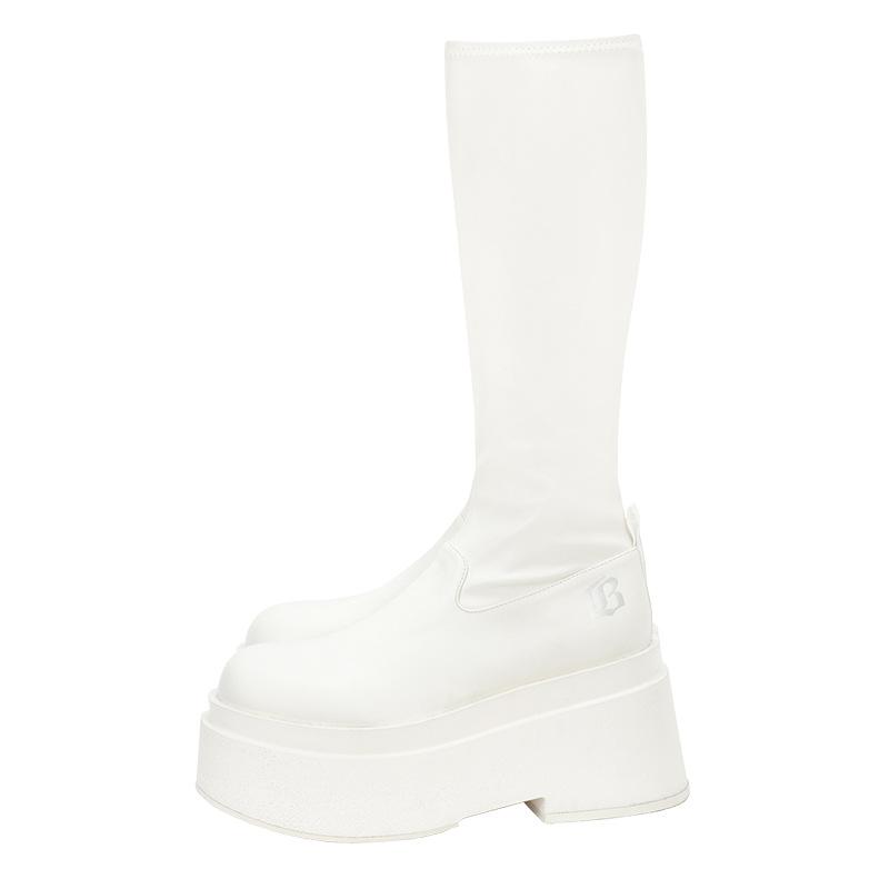 New spot 2025 autumn and winter velvet elastic thin boots, new thick-soled medium-heeled high boots, small and long