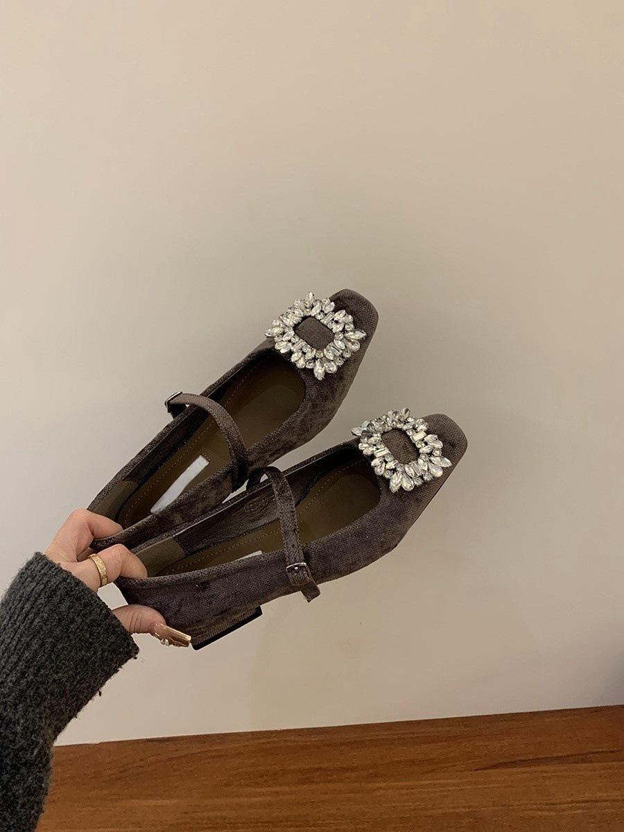 

Нишевые туфли Мэри Джейн на низком каблуке со стразами, замшевые вечерние туфли-лодочки, женская обувь 2025 весна, высококлассные черные туфли для работы 39 кофейный