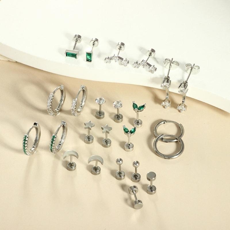 Nonallergenic Blocky Zirconia Ear Posts Set Surgical Steel Thin Jewelry For Sensitive Hearing Multiple Styles