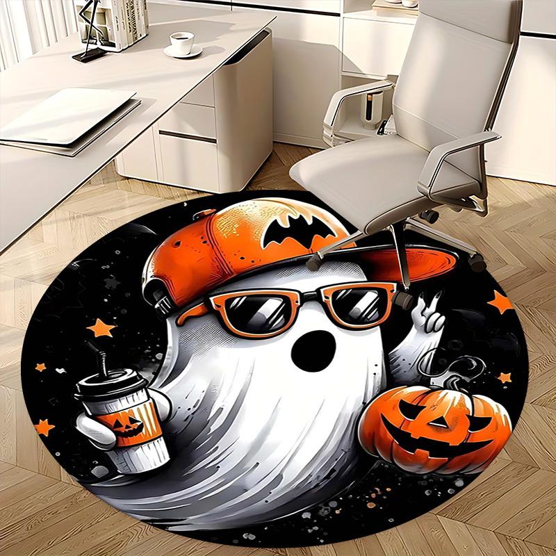 1pc Halloween Ghost with Pumpkin Coffee Cup Round Carpet, Office Chair Mat, Non Slip Rug for Home Decor, Gift, Office, Living Room, Bedroom