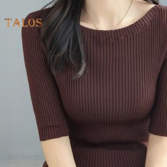 Women Tops Slim Fit Solid Color Ribbed T-Shirt Round Neck Half Sleeve Elastic Pullover Tops Daily Wear