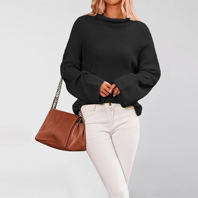 New Autumn and Winter Temu Hot Sale Solid Color Flared Sleeve Pullover Crew Neck Sweater Women's Knitted Sweater