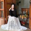Retro Slimming Velvet Spliced Tulle One Piece Dress for Women Fashion Beaded O-neck Long Sleeves Temperament Dress Female