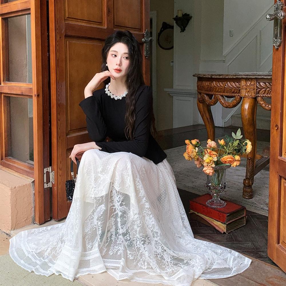 Retro Slimming Velvet Spliced Tulle One Piece Dress for Women Fashion Beaded O-neck Long Sleeves Temperament Dress Female