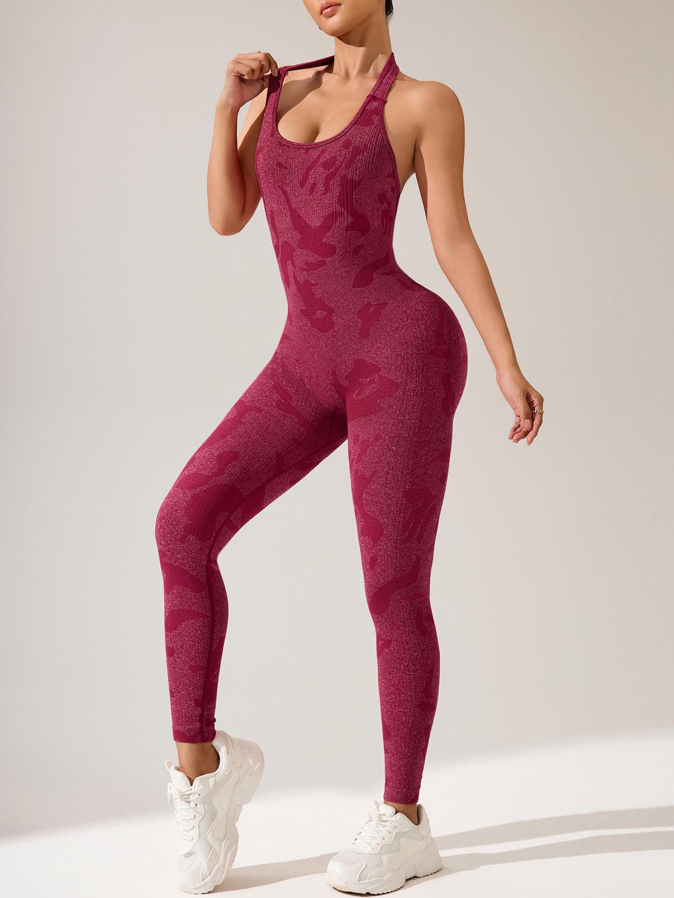 

Женский камуфляжный комбинезон для йоги с халтером - Сексуальный комбинезон без спины с облегающим кроем, подчеркивающим ягодицы Medium красный