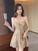Women's Low-Cut Mesh Print Bodycon Strappy Dress with Wide Hem