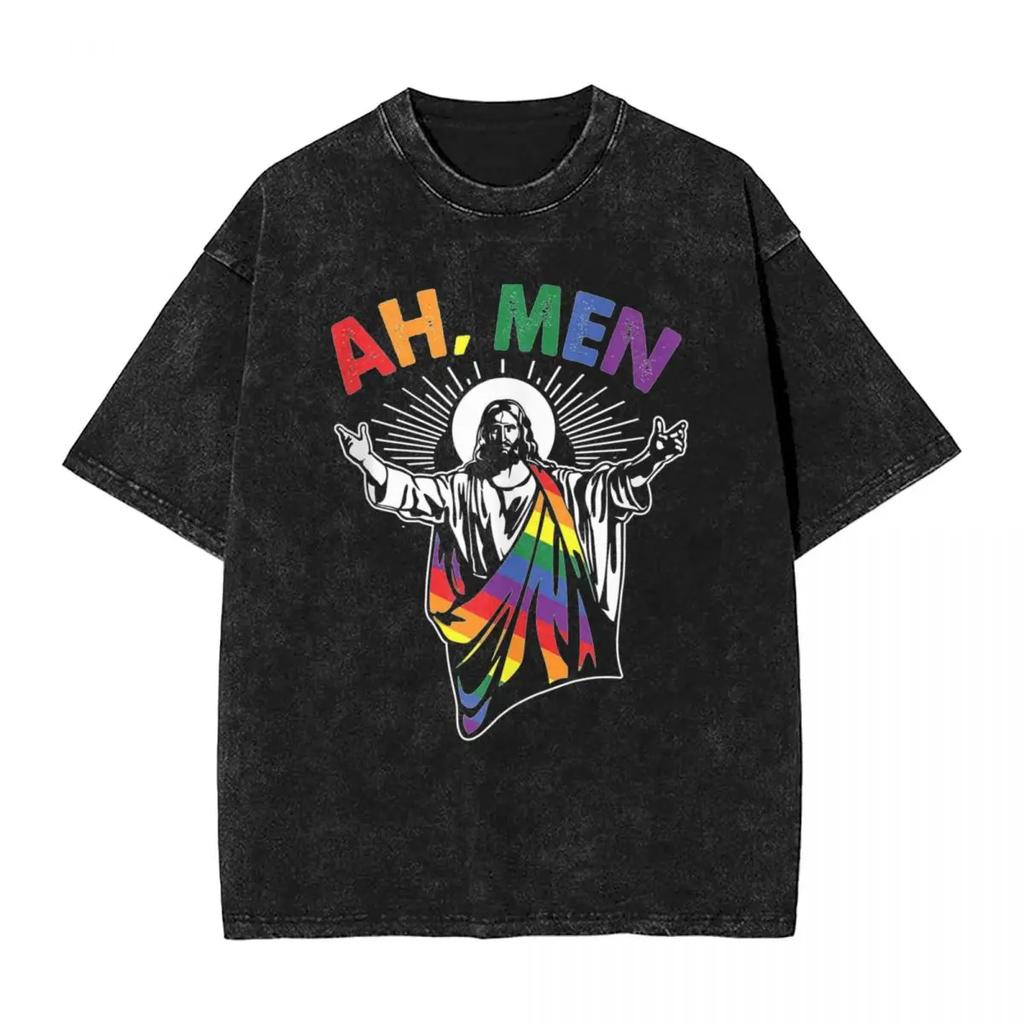 Mens T-Shirt Ah Men Funny LGBT Gay Pride Jesus Rainbow Flag Washed T-Shirts Hip Hop Summer Tee Shirt Vintage Loose Tops