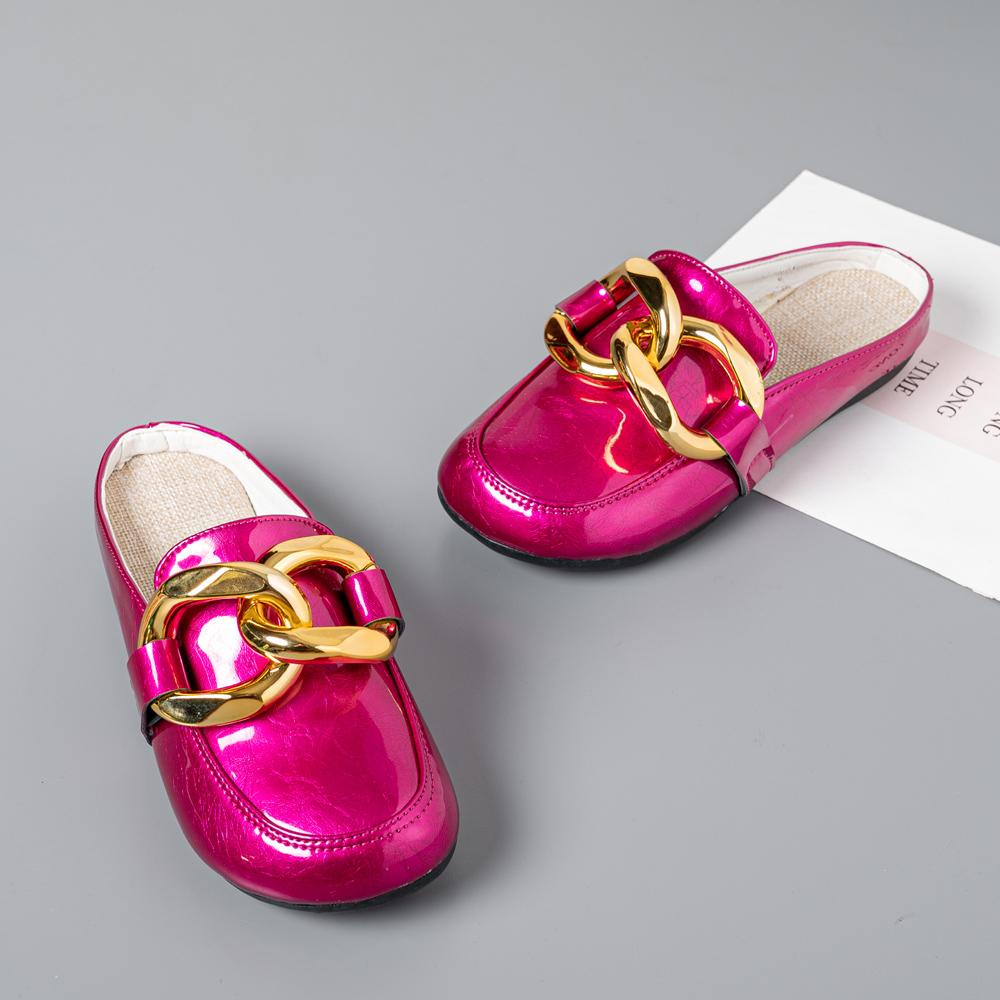 Summer Women Slipper Low Heels Casual Slides Flip Flop Round Toe Brand Design Gold Chain Closed Slip On Shoes Mulles