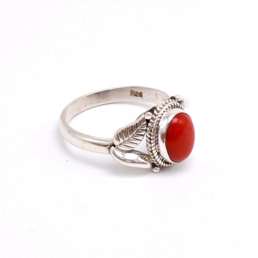 Red Coral 925 Sterling Silver Ring, Birthstone Handmade Leaf Ring, Gift For Her, Anniversary Gift Ring