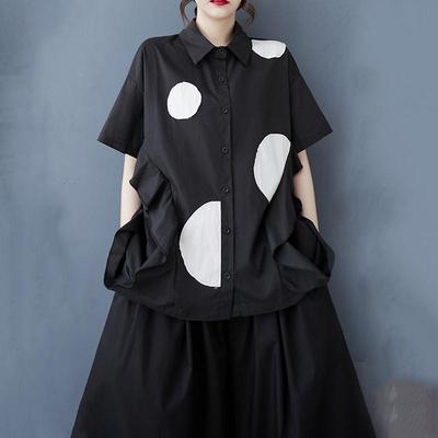 Short Sleeve Oversized Cotton Vintage Dot Shirts & Blouses for Blouse Casual Loose Summer Tops Women Button Up Shirt