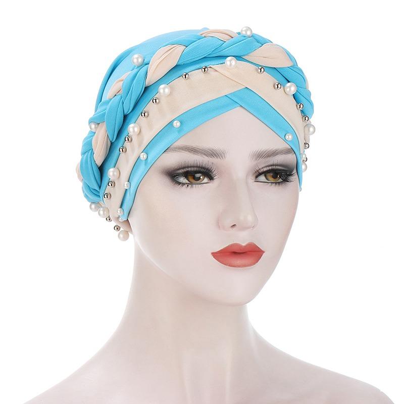 Indian Muslim Women Two Color Hijab Milk Silk Chemical Hat Braided Bead Hijab Islamic Hijab Ladies Bicolor Pearl Baotou Cap