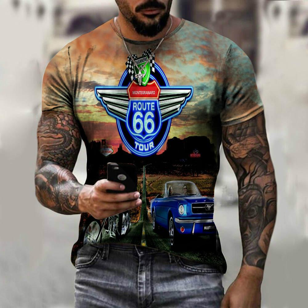 Summer New 3D Printed US Route 66 Cool Round Neck Men's T-shirt