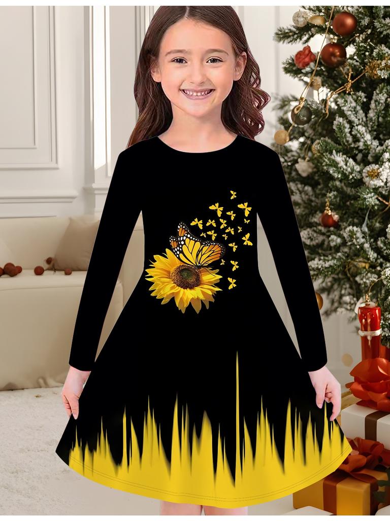 Dziewczęca jesienno-zimowa sukienka modowa, nadruk 3D kwiatów, okrągły dekolt, długa dziecięca sukienka T-shirtowa, casualowa, wszechstronna, odzież świąteczna