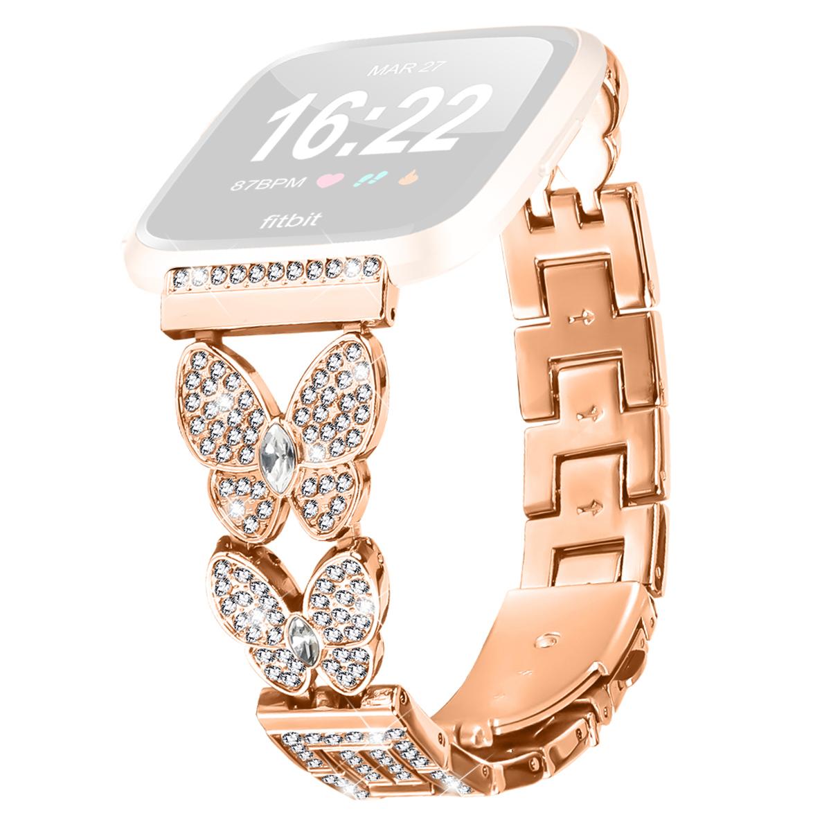 

For Fitbit Versa Lite Watch Band Butterfly Rhinestones Decor Alloy Metal Strap Rose Gold