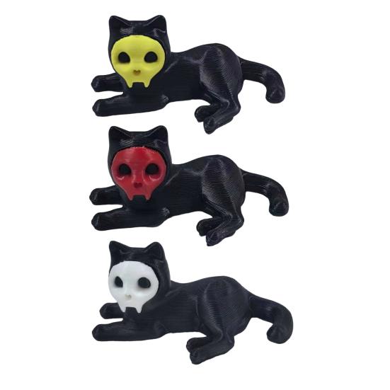 Cat Pen Holder 3D Printed Black Cat Ornament Cat Figurine with Detachable Skull Mask for Home Office Desk Halloween Decoration