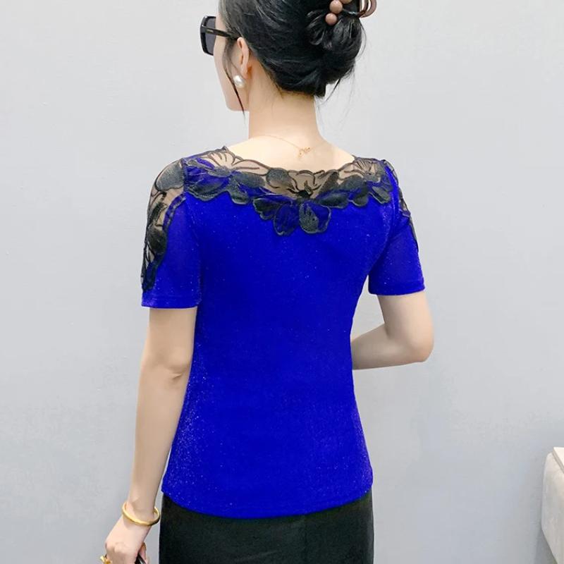 Summer Women T-Shirt Chic Sexy Lace Hollow Embroidery Flower Patchwork Mesh Tops Elegant O-Neck Diamonds Short Sleeve Tees