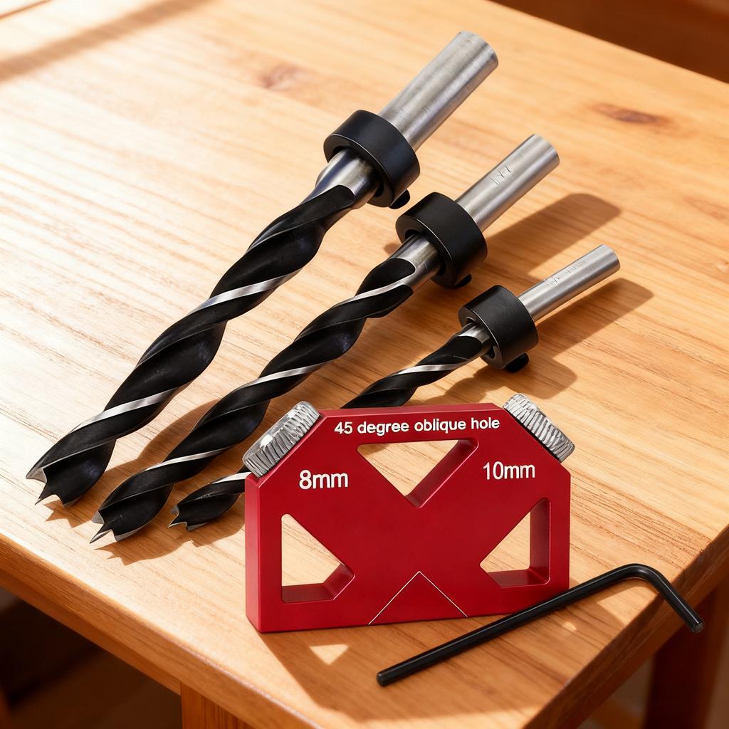 45° Angle Hole Drill Guide or W/ Drill Bit Set, Pocket Hole Jig Woodworking Inclined Hole Fixture Aluminum Positioner Joint Tool