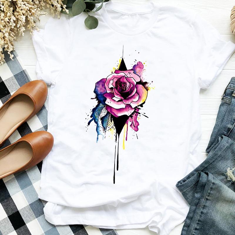 Flower Summer Autumn 90S Fashion Print Top Femme Tshirt Women T-Shirt Cartoon Harajuku O-Neck Casual Tee Ladies Clothing