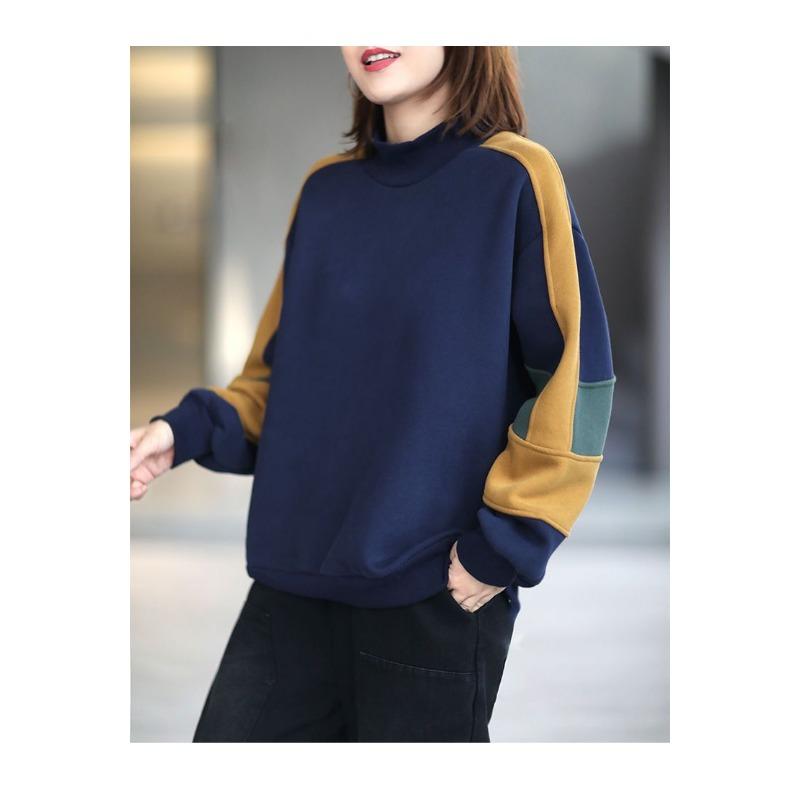Autumn Winter High Collar Loose Casual Patchwork Velvet Sweatshirt Women Simple Fashion All-match Pullover Top