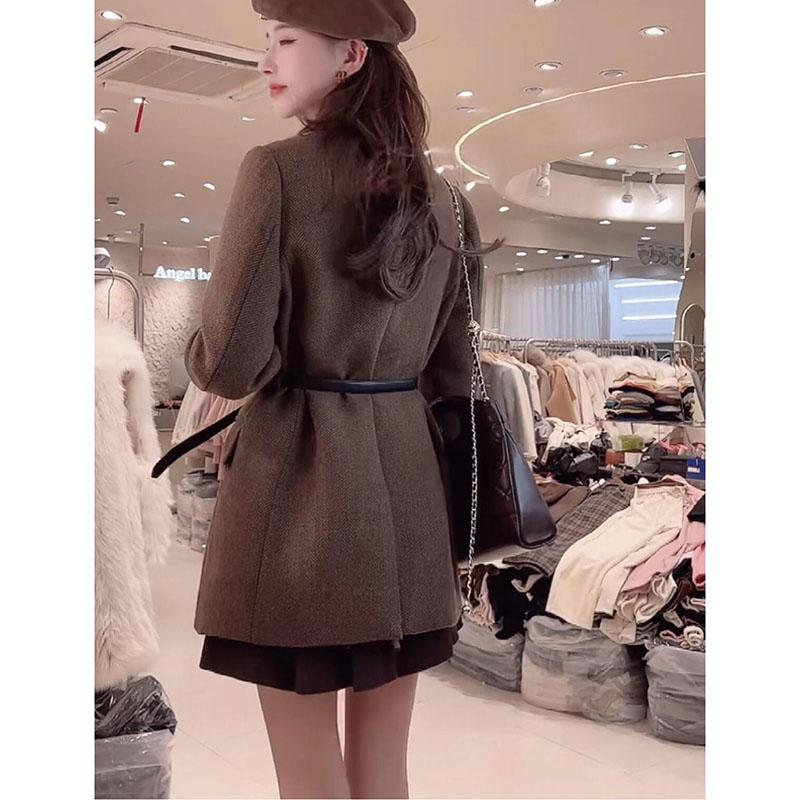 Comes With Belt Vintage Wool Jacket For Women Autumn And Winter  Double-Breasted Temperament Female Long Sleeve Blazer