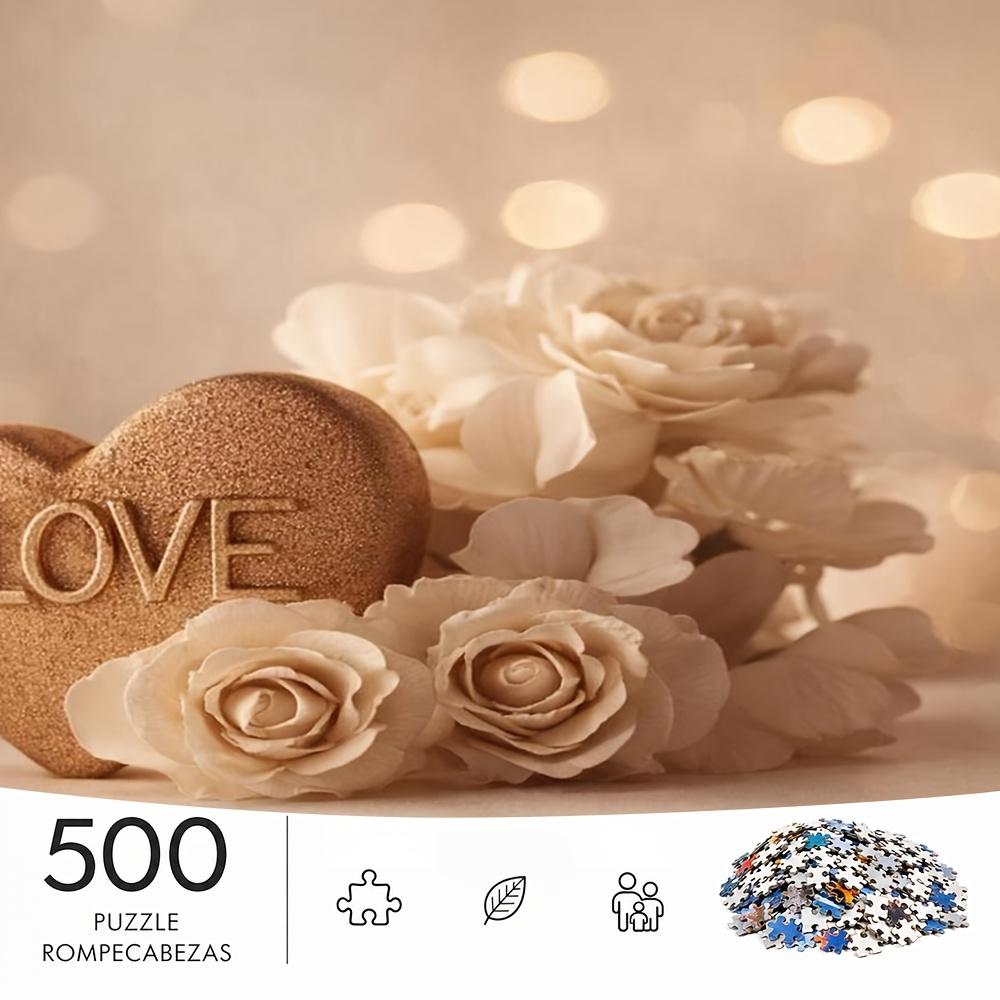 500pcs Jigsaw Puzzle Suitable for - Golden Heart LOVE Floral Art with Warm Light Background, Challenging Brain for Advanced Skill Levels, Portable Rec