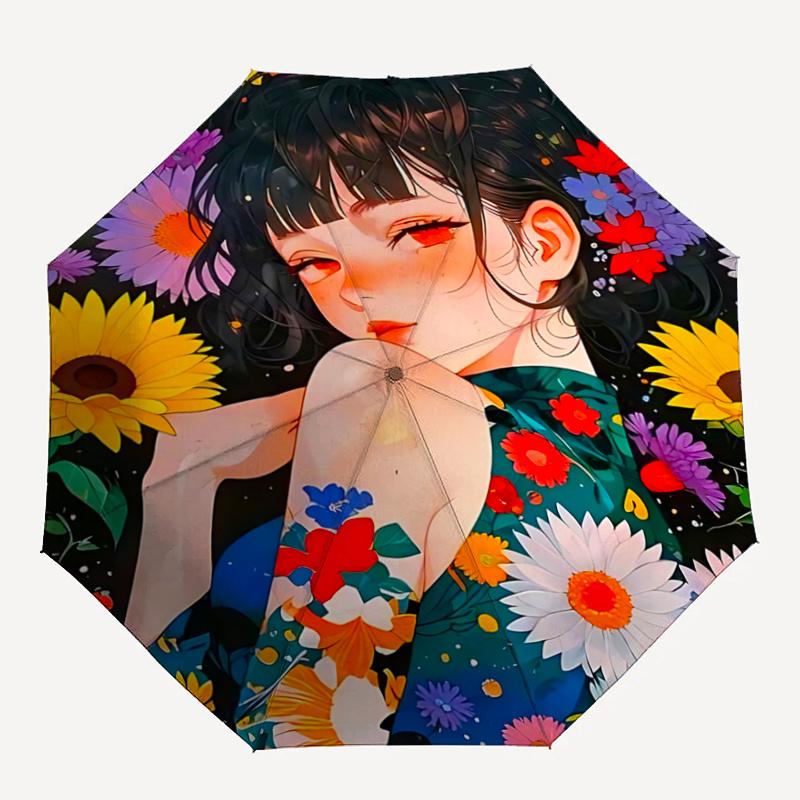 1 Stück Blumenmuster-Regenschirm mit Automatik-Öffnungs-/Schließmechanismus, Faltbares Design, Eisenrahmen, Für den Außenbereich, Festivalgeschenk, Geeignet für Fans, Reisen, D