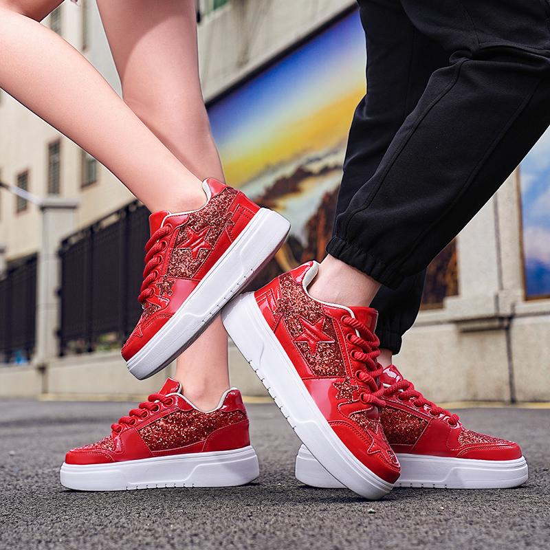 Men Sparkling Shoes Couple Lightweight Sneakers Red Gold Women’s Low Sneakers Casual School Student Plus Size