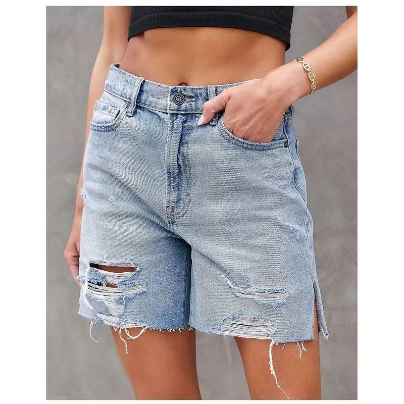 

High Waisted Ripped Denim Cropped Pants High Waist Hole Denim Shorts Light Blue XL(XL)