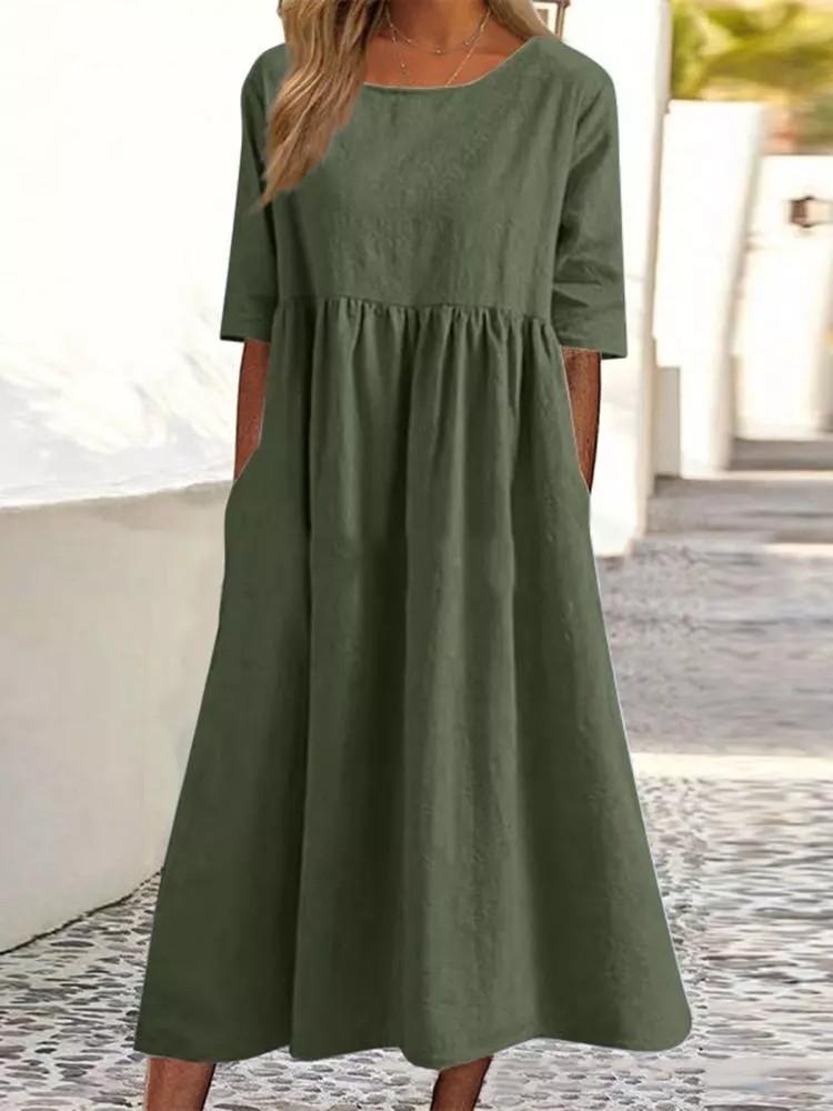 O-neck Short Sleeve Dress Spring Summer Fashion Elegant Loose Solid Dresses For Women