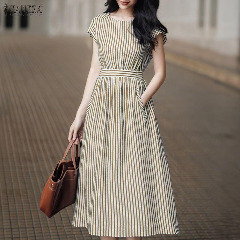 ZANZEA Rochie de vară casual pentru femei, cu gât rotund, mânecă scurtă și dungi