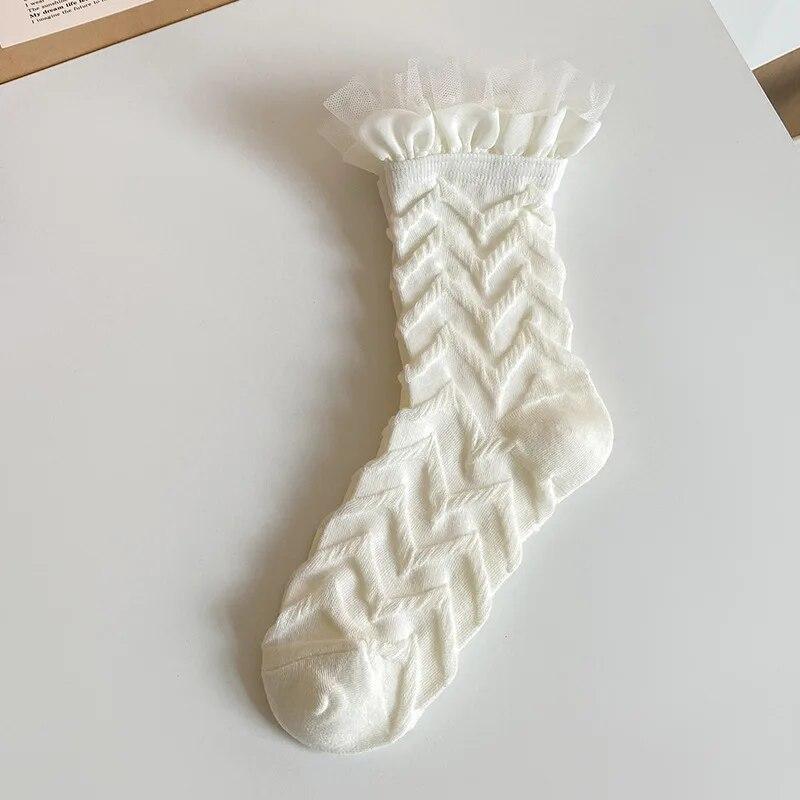 JK Japanese Style Pearl Kawaii Cute Princess High Long Sock Autumn Children White Lolita Girls Lace with Ruffles Stocking