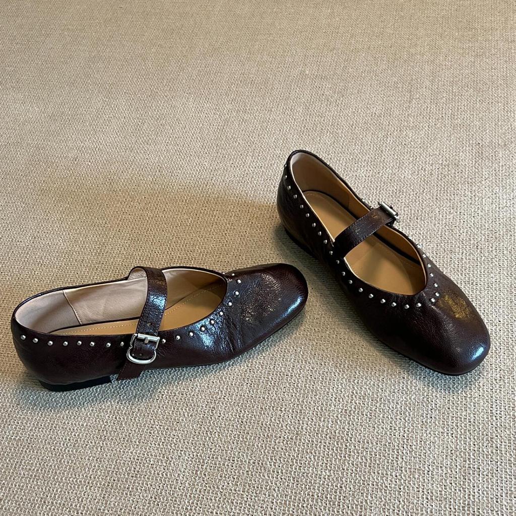 Sheepskin version~ retro leather round head shallow mouth Mary Jane shoes women's versatile flat bottom rivets one word with commuter shoes