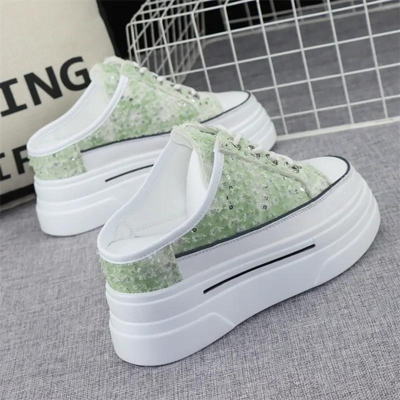 Mote Canvas Baotou Halvtøfler Dame Nye Sommer Yttertøy Alt-match Tykk Såle Innvendig Høydeøkning 8cm Uten Hæl Slip-on Sko
