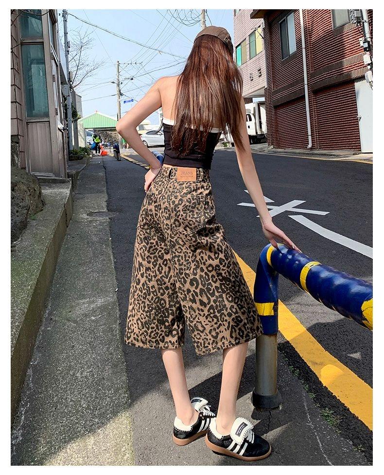 Gedijie leopard print wide leg denim shorts, women's high waisted versatile casual loose straight leg pants
