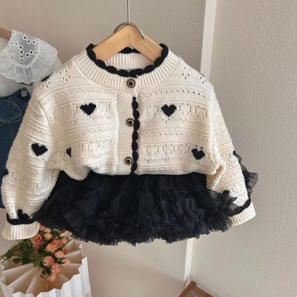 Girls' Spring Autum Sweater Cardigan Fashionable and Versatile Single-Breasted Heart Long-Sleeved Korean Style Baby Girl's Jacket
