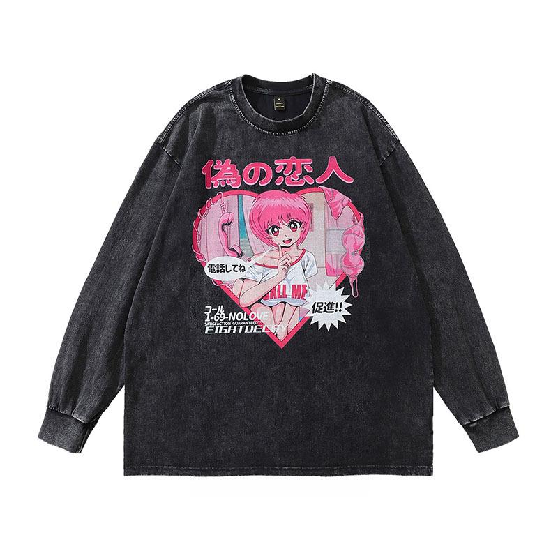 High Street Vintage Old Washed Cartoon Printed Short Sleeve T-Shirt Men'S And Women'S Bf Style Hip Hop Loose Half Sleeve Top