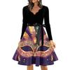 Women's Casual Fashion V Neck Long Sleeve Printed Vintage Long Dress