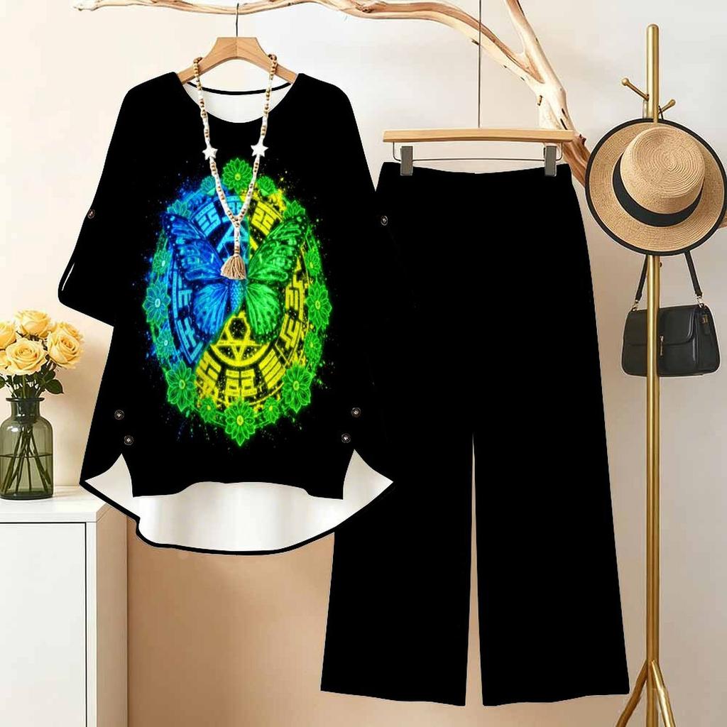 Women's 2‑Piece Outfit, Gothic Butterfly 3/4 Sleeve Irregular Hem Top & Wide Leg Pants Set, Casual Loose Matching Suit