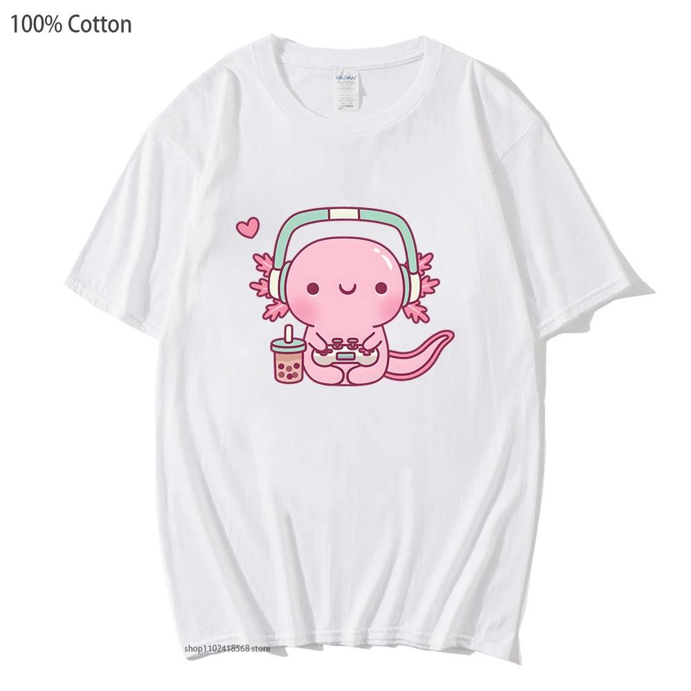 T-shirt mignon Axolotl jouant aux jeux vidéo Dessin animé Gamer Imprimé drôle T-shirt Vêtements pour femmes Vêtements pour hommes Y2k T-shirt en coton