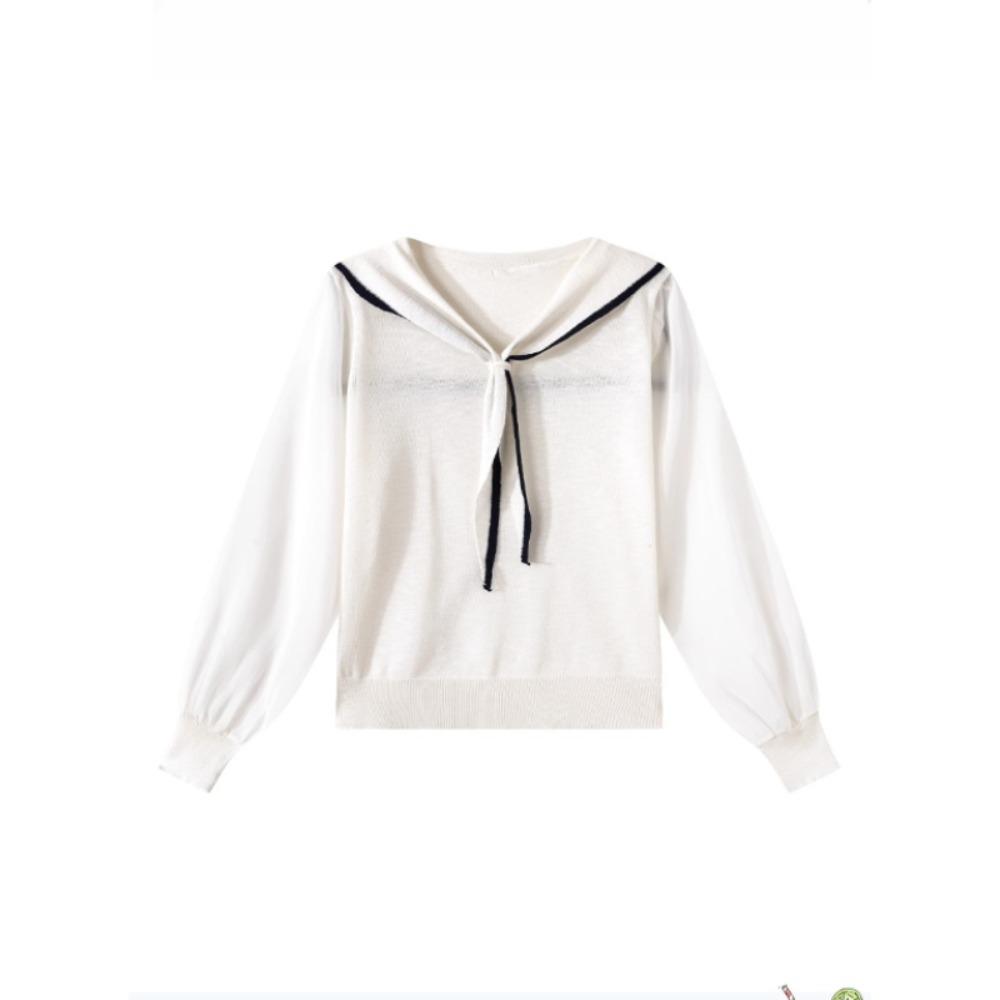 Ein Retro Color-Blocking Gestreifter Langarm-Strickpullover für Damen für den Frühherbst, Ein lockerer und vielseitiger Marine-Kragenpullover