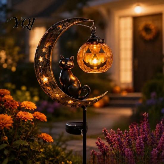 Black Cat And Pumpkin Lawn Decor Halloween Solar Garden Light, Moon Stake Pathway Lights for Home Courtyard Waterproof LED Yard Decoration Outdoor