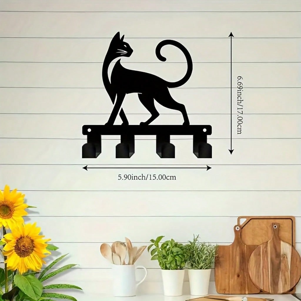 Bohemian Style Metal Cat Key Holder Wall Mounted Durable Black Cat Key Hooks for Keys Hats Entryway Office Decor 15x17