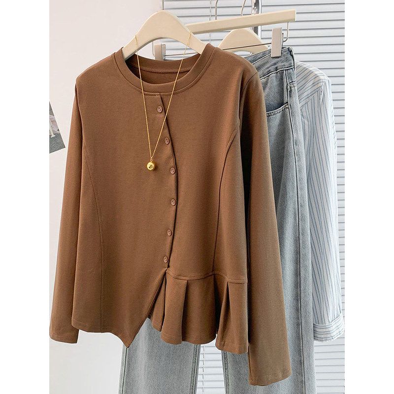 Plus-Size Women's 120kg Ruffled Solid Color Button Long-Sleeve T-Shirt, Loose Fit, Irregular Hem, Suitable for Spring and Autumn